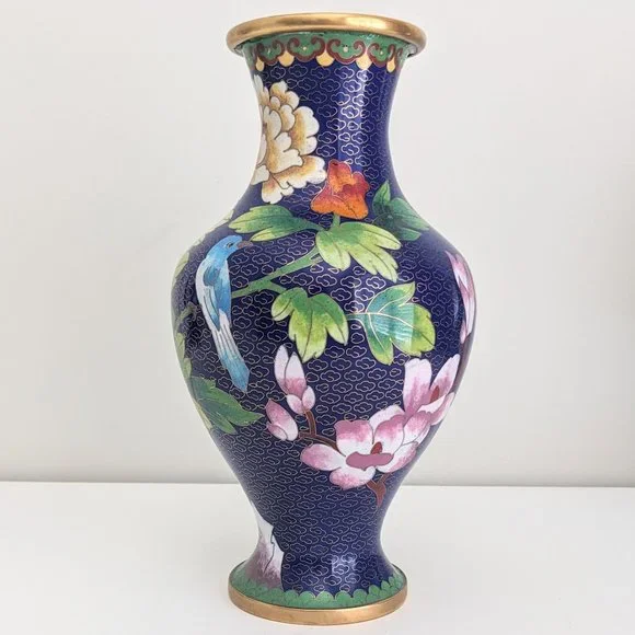 Vtg 10" Oriental Cloisonne Vase Blue Bird Dahlia Plum Royal Blue Asian Chinese - Picture 2 of 15